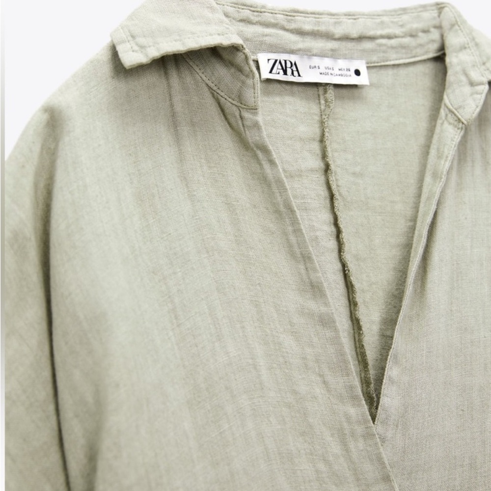 ZARA GREEN LINEN RELAXED FIT BUTTON DOWN DRESS - Picture 5 of 5